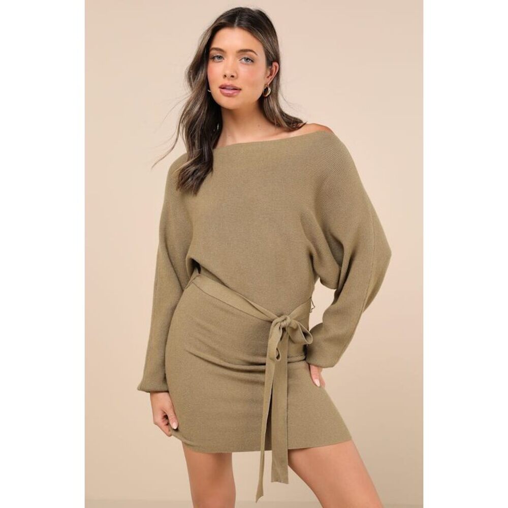 Lulus Modern Comfort Olive Green Dolman Sleeve Mini Sweater Dress - Size XL